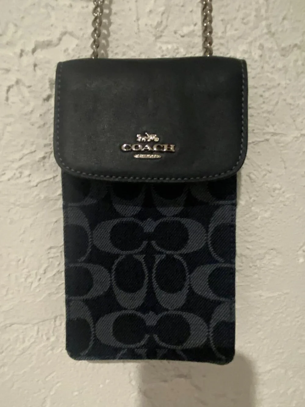 COACH Signature Denim Phone Crossbody Pouch Chain Strap Black